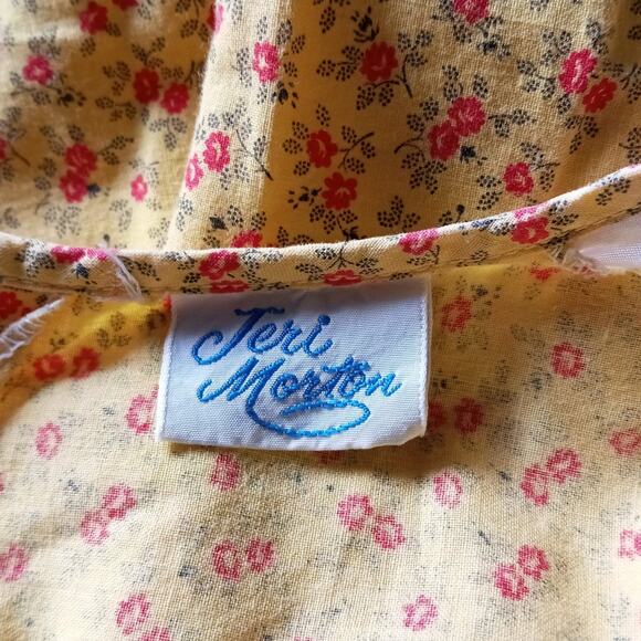 VTG Jeri Morton 60s Nightie Prairie M Yellow Red Floral Ruffle Cottage Eyelet - Picture 10 of 13